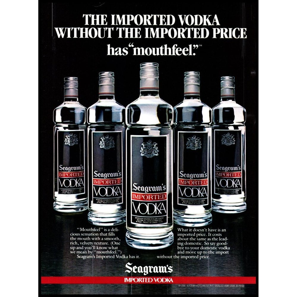 1984 Seagram's Vodka "Mouthfeel" Vintage Print Ad Bottles Simple Bar Wall Art